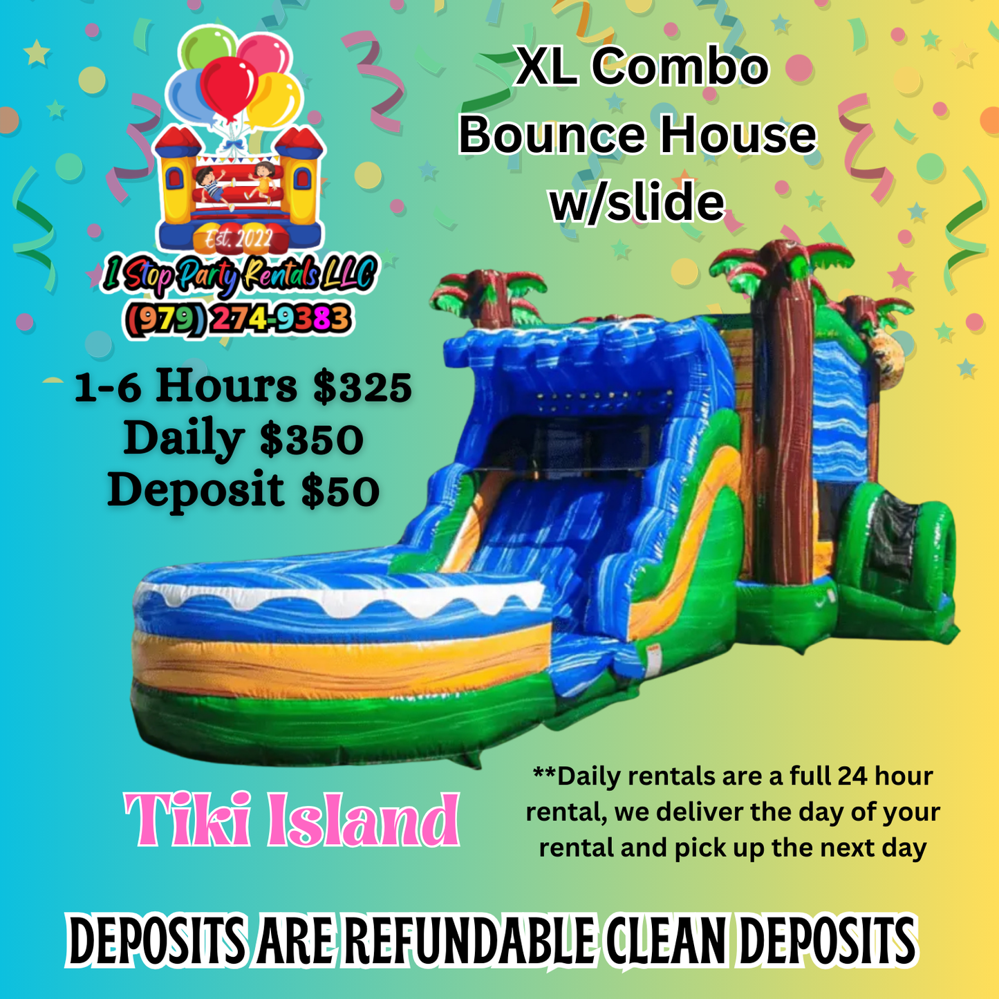 Tiki Island - XL Bounce house waterslide w/splash pad