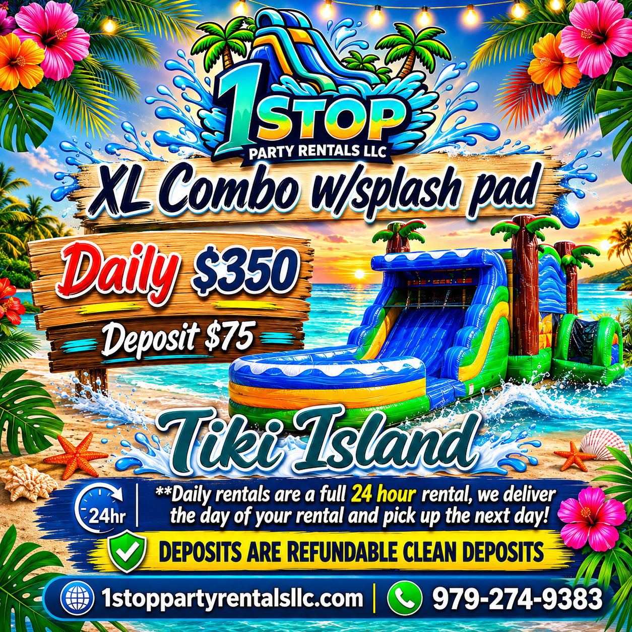 Tiki Island - XL Bounce house waterslide w/splash pad
