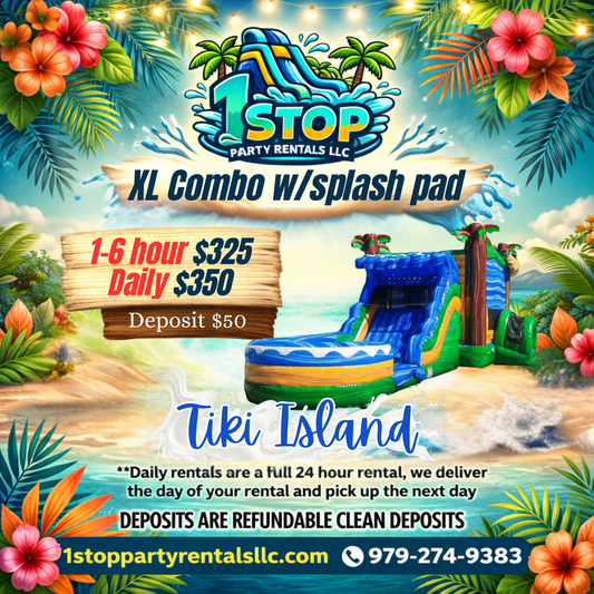 Tiki Island - XL Bounce house waterslide w/splash pad