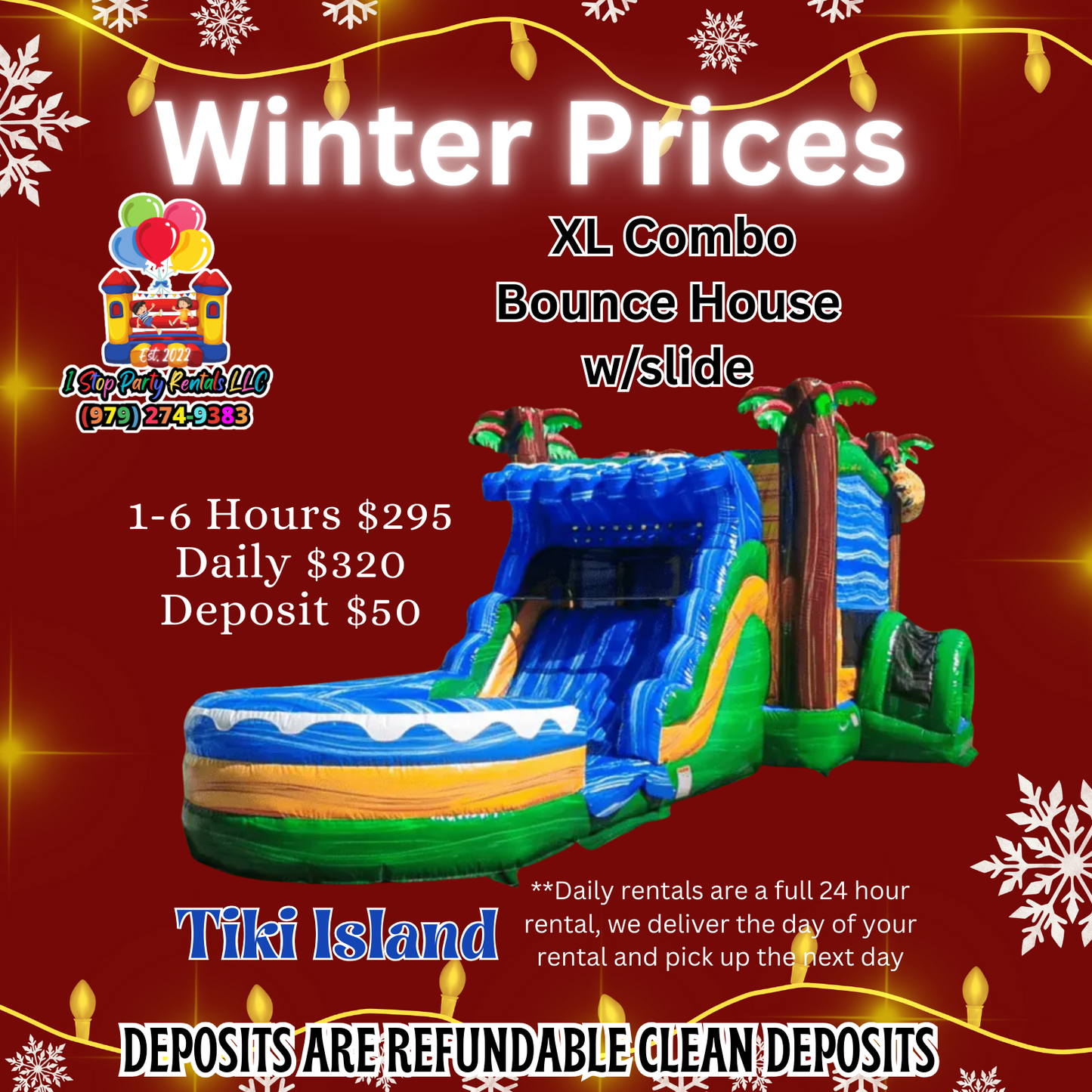 Tiki Island - XL Bounce house waterslide w/splash pad